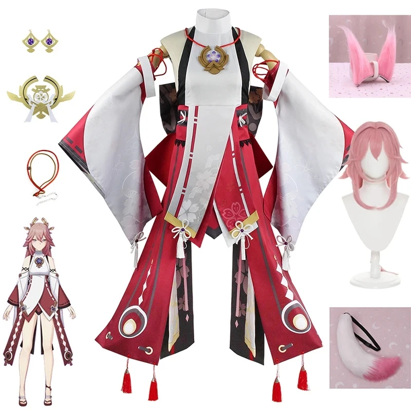 Костюм для косплея Genshin Impact Yae Miko, модные наряды Guuji Yae, полный комплект, парик Guuji Yae, головной убор, хвост, игровой костюм