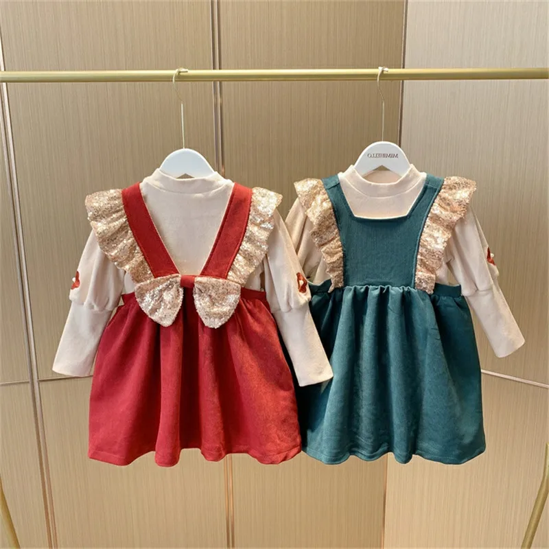 

Girls Dress Suit 2022 New Baby Kids Puff Sleeve Plus Velvet Bottoming Shirt Suspender Skirt Two-piece Princess Dresses Sets