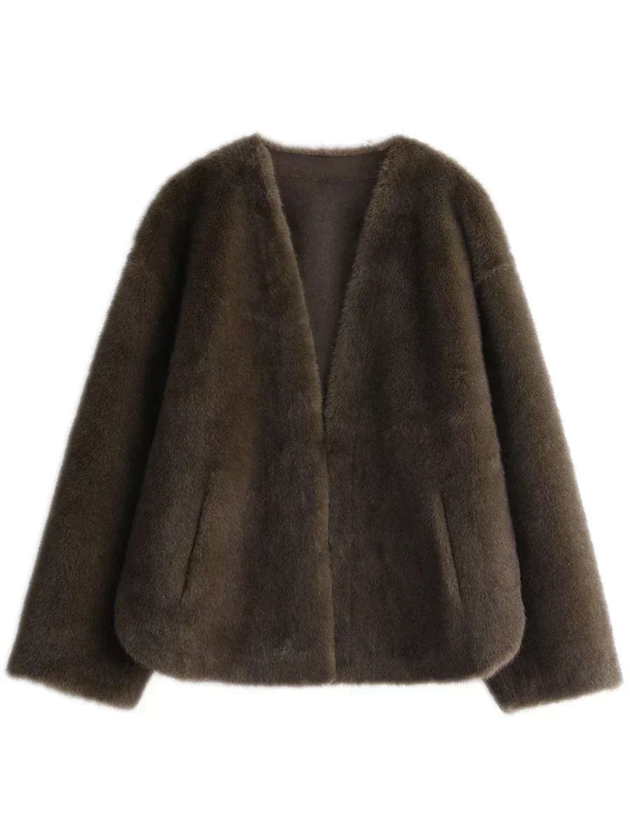 CHIC VEN Women's Jacket Loose Casual Solid Overcoat New Female Plush Coat V-neck Woman Outerwear Autumn Winter 2023 4