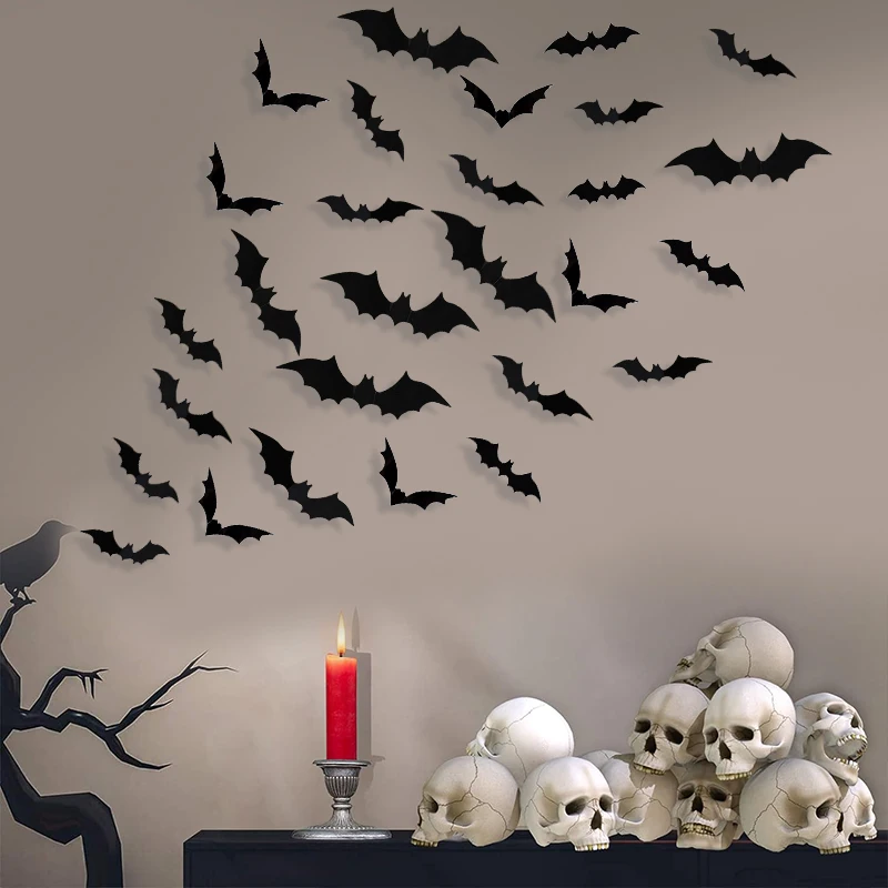 12-120Pcs 3D Black Bat Wall Stickers For Halloween Party Home Indoor Yard Decoration Scary Props Kids Room DIY Wall Decals