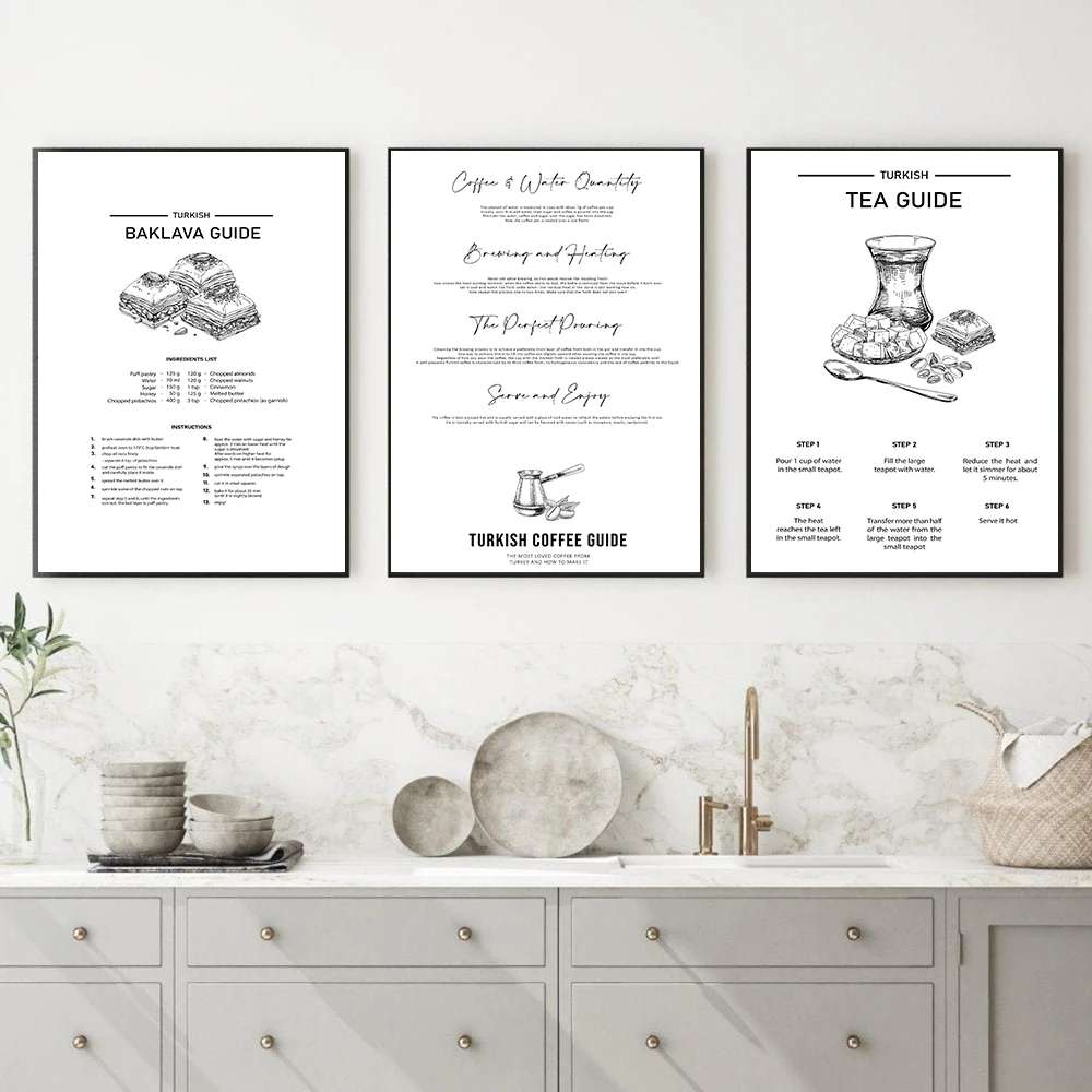 Caffè Tè Baklava Guida Poster Art Print Nordic Canvas Painting Modern Black White Wall Picture For Living Room Kitchen Decor