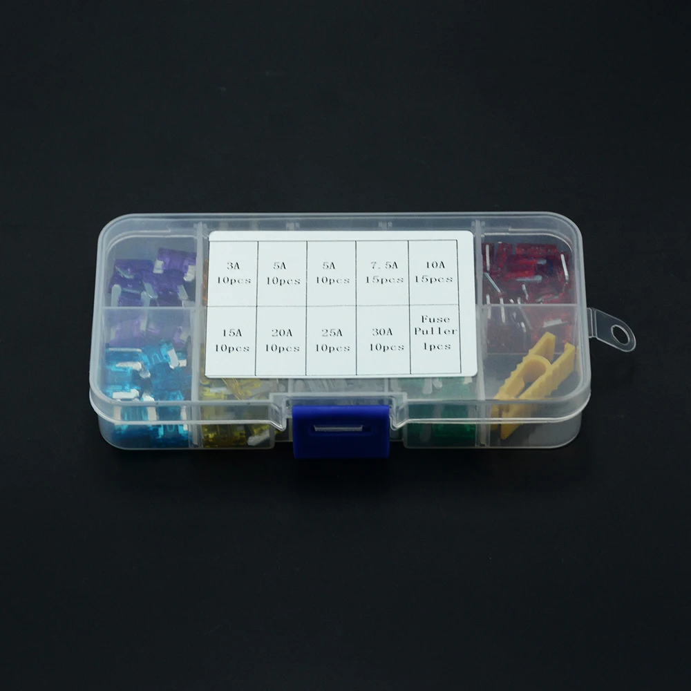 Car Fuses Kit 100pcs/lot Car Truck Micro Blade Fuses 3A 5A 7.5A 10A 15A 20A 25A 30A AMP Plastic Box Assortment with Clip