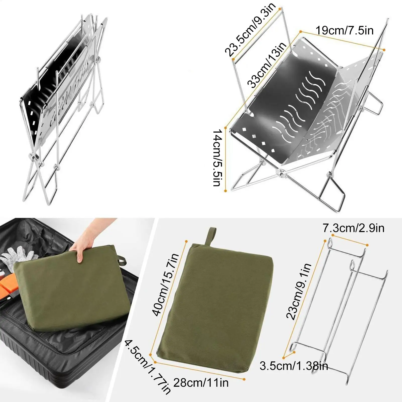 Folding Camping Campfire Grill Stainless Steel Firewood Stove Mini BBQ Rack Outdoor Fire Pit Portable Wood Stove Burner