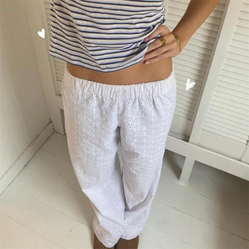 

Coquette Pants y2k Aesthetic Clothes Women White Hollowed Flower Lace Elastic Low Waist Baggy Loose Trousers 2000s Streetwear