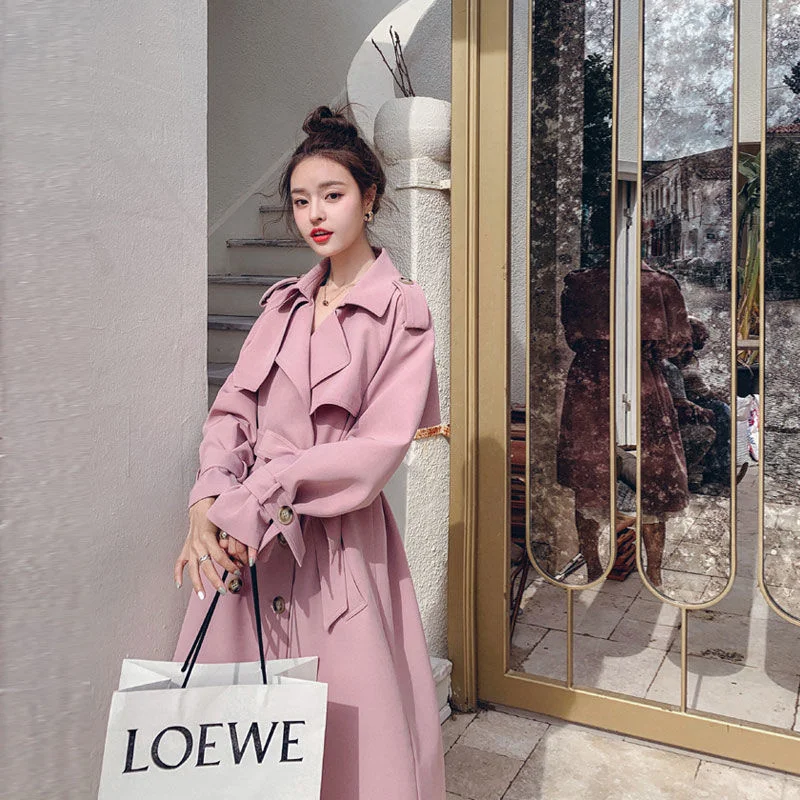 

Coat Women Loose Mid Length Vintage New Windbreaker Belt Autumn Korean Double Breasted High-end Trend Casual