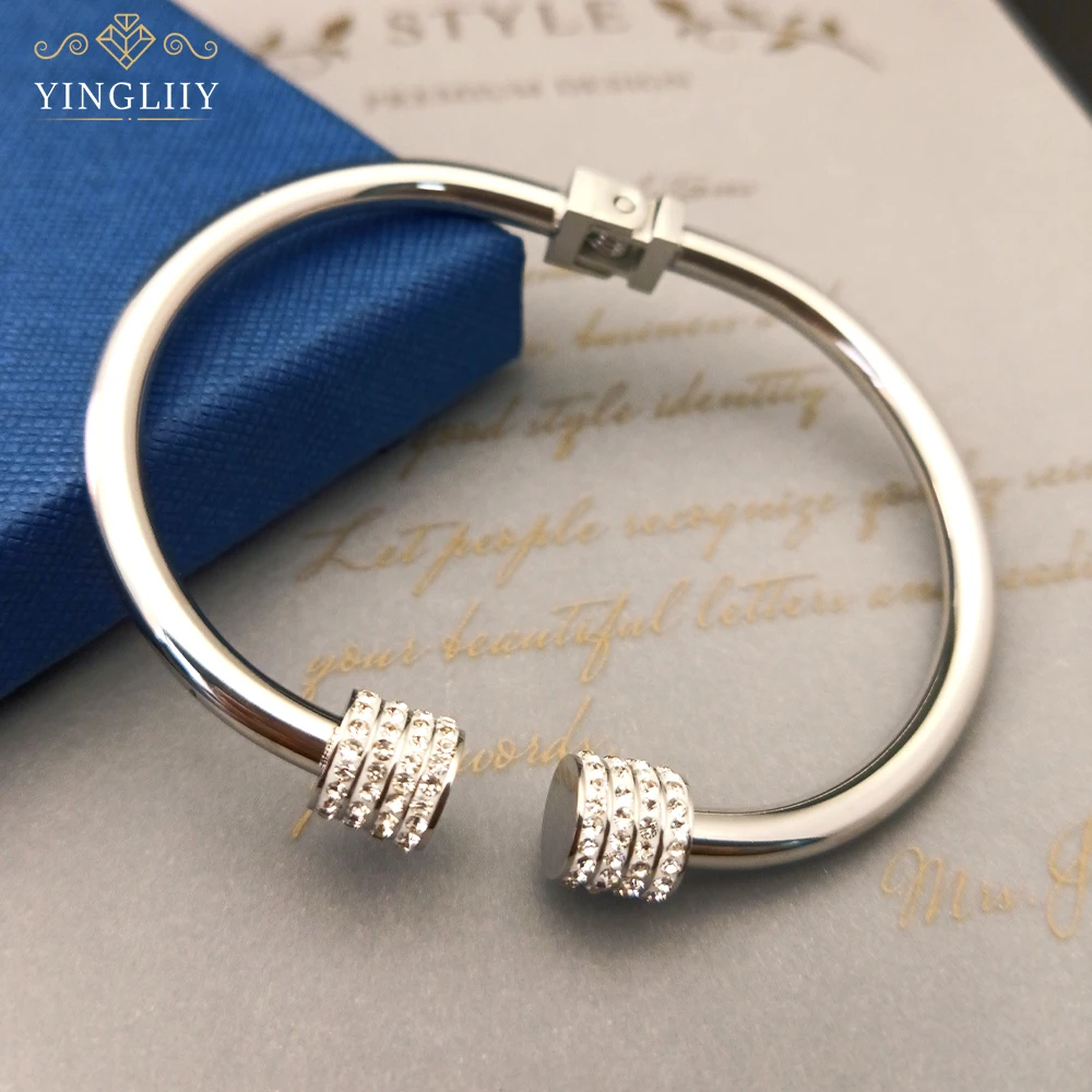 Yingliiy 316L Stainless Steel Bangles For Women Gold Color Rhinestone Beaded Bracelet Crystal 2023 New Fashion Jewelry Gifts