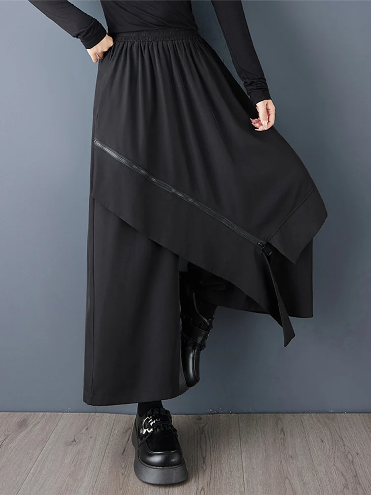 Black Vintage Irregular Spliced High Waist Wide Leg Pants Women New Casual Loose Ladies Trousers Fashion Spring Autumn 2025