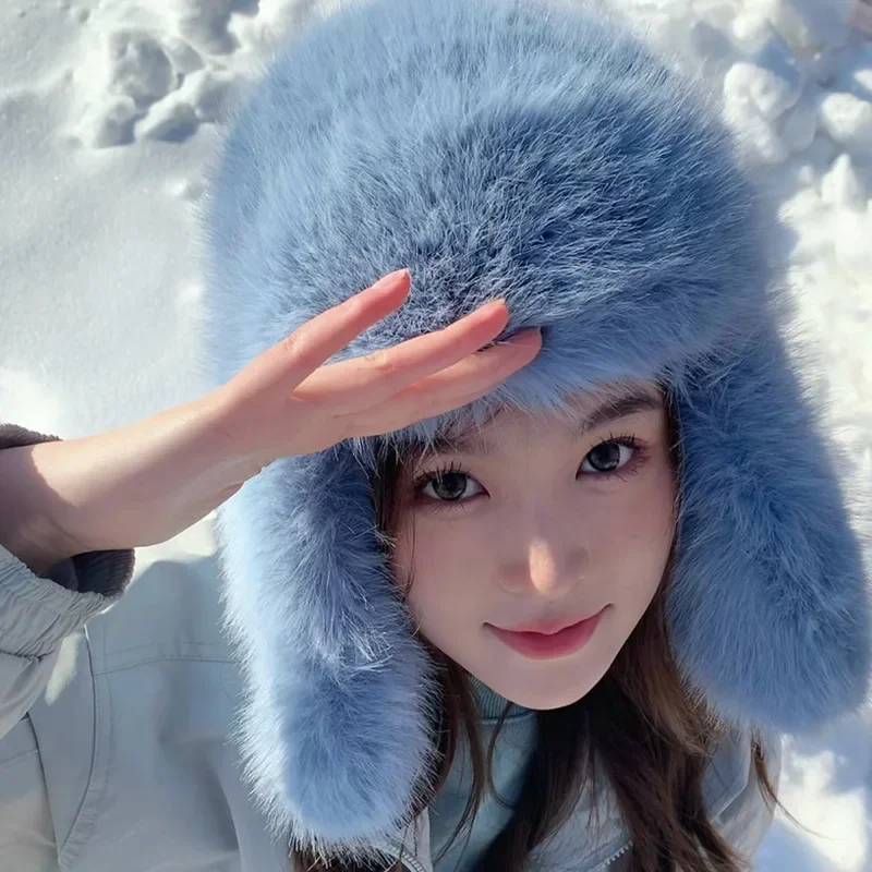 Winter Thickened Warm Plush Women's Bomber Caps Korean Version Big Head Show Face Small Fashion Versatile Russian Hat for Men