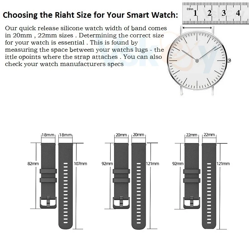Smart Watch Strap Size Chart 20mm Width Universal Stainless Steel