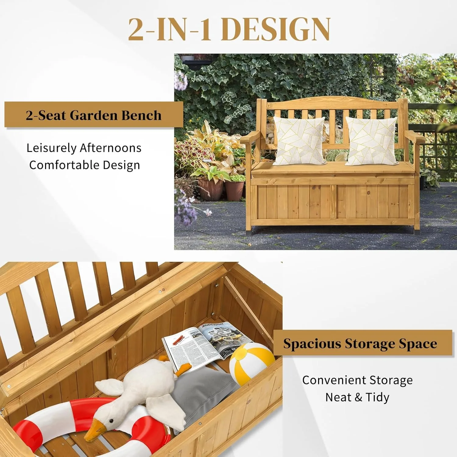 Outdoor Wood Storage Bench with Seating & Armrest 6