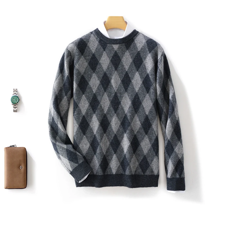 New Men's 100% Pure Cashmere Wool Sweater O-neck Color Matching Pullover Autumn Winter Casual Thick Fashion Large Size Top 2