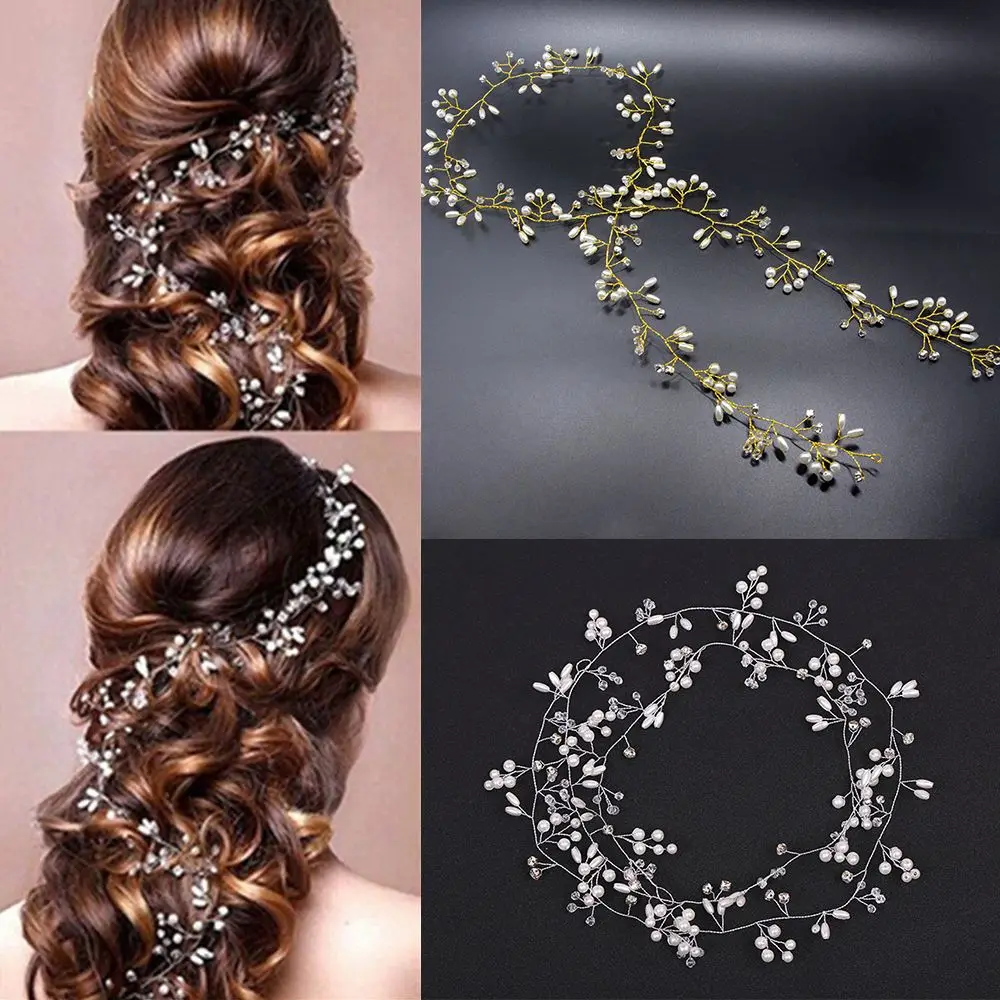 

Women Long Chain Headpiece Hair Jewelry Romantic Diamante Headband Bride Accessories Pearl Crystal Wedding Hair Vine