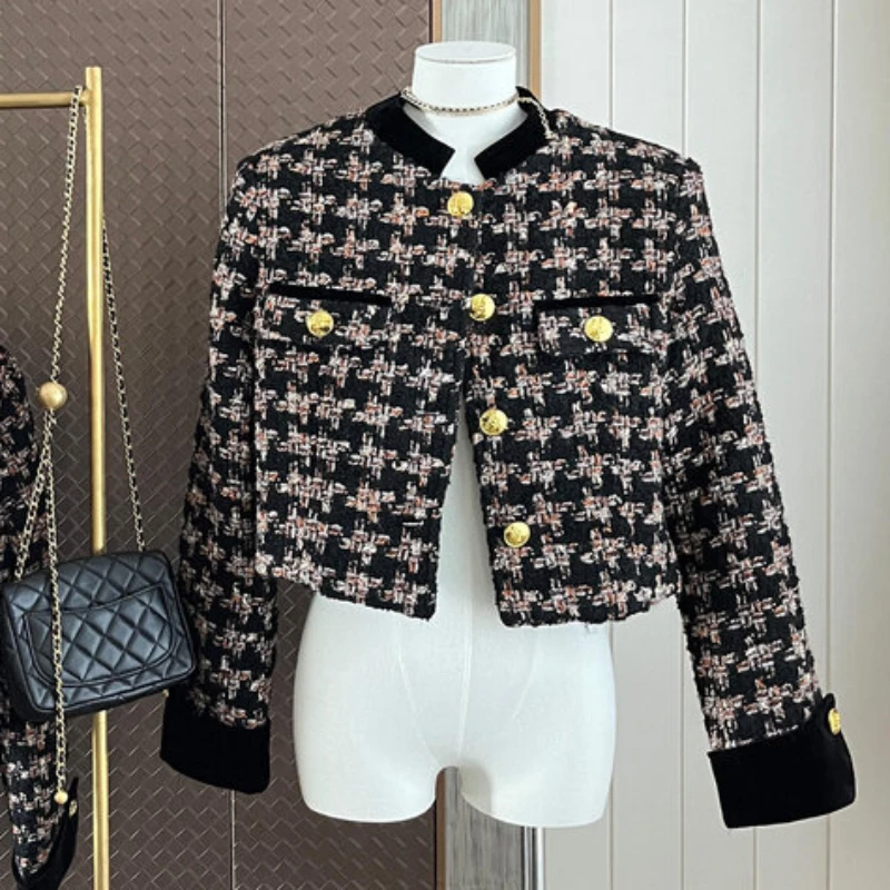 

Spring Autumn New Small Fragrance Plaid Jacket For Women Vintage Stand Single Breasted Tweed Short Outerwear Luxury Design Coat