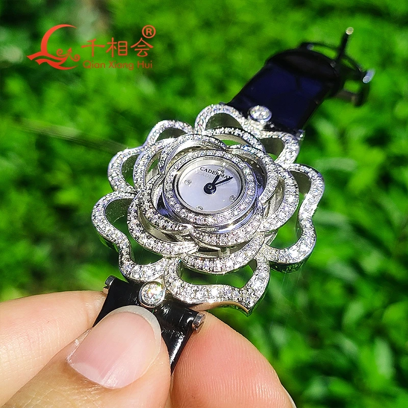 automatic movement 34mm flower white Moissanite  pearl  Luxury Watch For women mechanical Wristwatch  Jewelry Watch