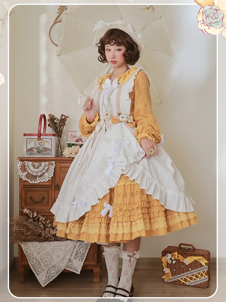 Classical Vintage CLA Mori Style Apron Ruffled Lace-up Bow