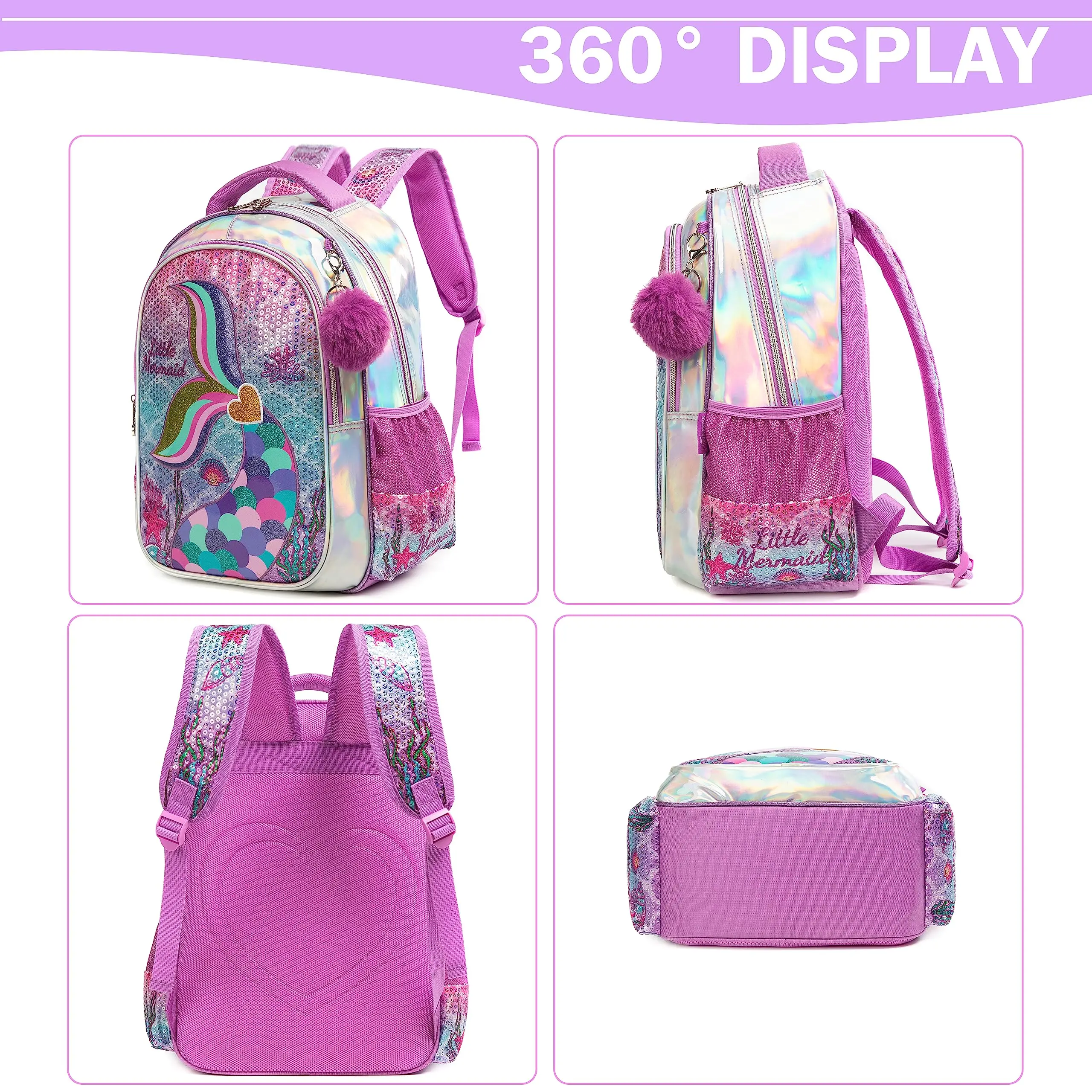 Meetbelify Mermaid Backpack for Girls Backpack with Lunch Box Set for Elementary Student Kids School Bag for Girls Ages 5-8Year 3