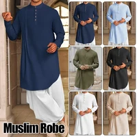 NEW Men's Muslim Shirt Stand Collar Long Sleeve Robe Islamic Arab Kaftan Solid Color Streetwear Casual Men Clothing Cotton Linen