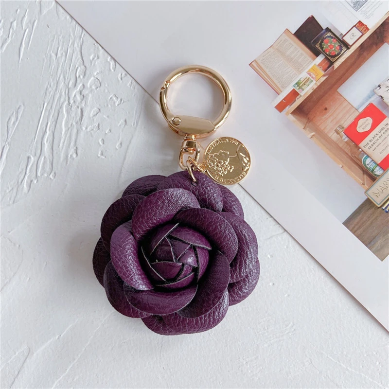 Leather Camellia Car Key Chain Fashion Lovely Flowers Backpack Pendant Bag  Charms Accessories Personalized Keyring Female