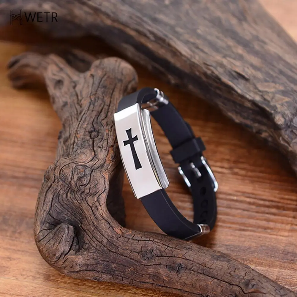 Fashion Cool Wristband Jewelry Womens Mens Cross Stainless Steel Silicone Buckle Bracelets Bangle 1PCS bracelet jewelry leather bracelets shell charm bracelets