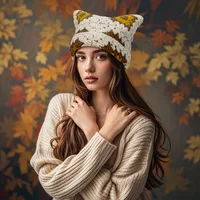 Japanese Autumn and Winter Cute Cat Ears Pullover Hat Hand-crocheted Grandmother Grid Hollow Trend Skull Beanie Cap for Women's 1