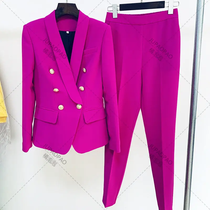 Women Elegant Work Blazer Suit Noted double breasted Jacket Coat Top And Pant Two Piece Set Matching Outfit Office Lady Clothing