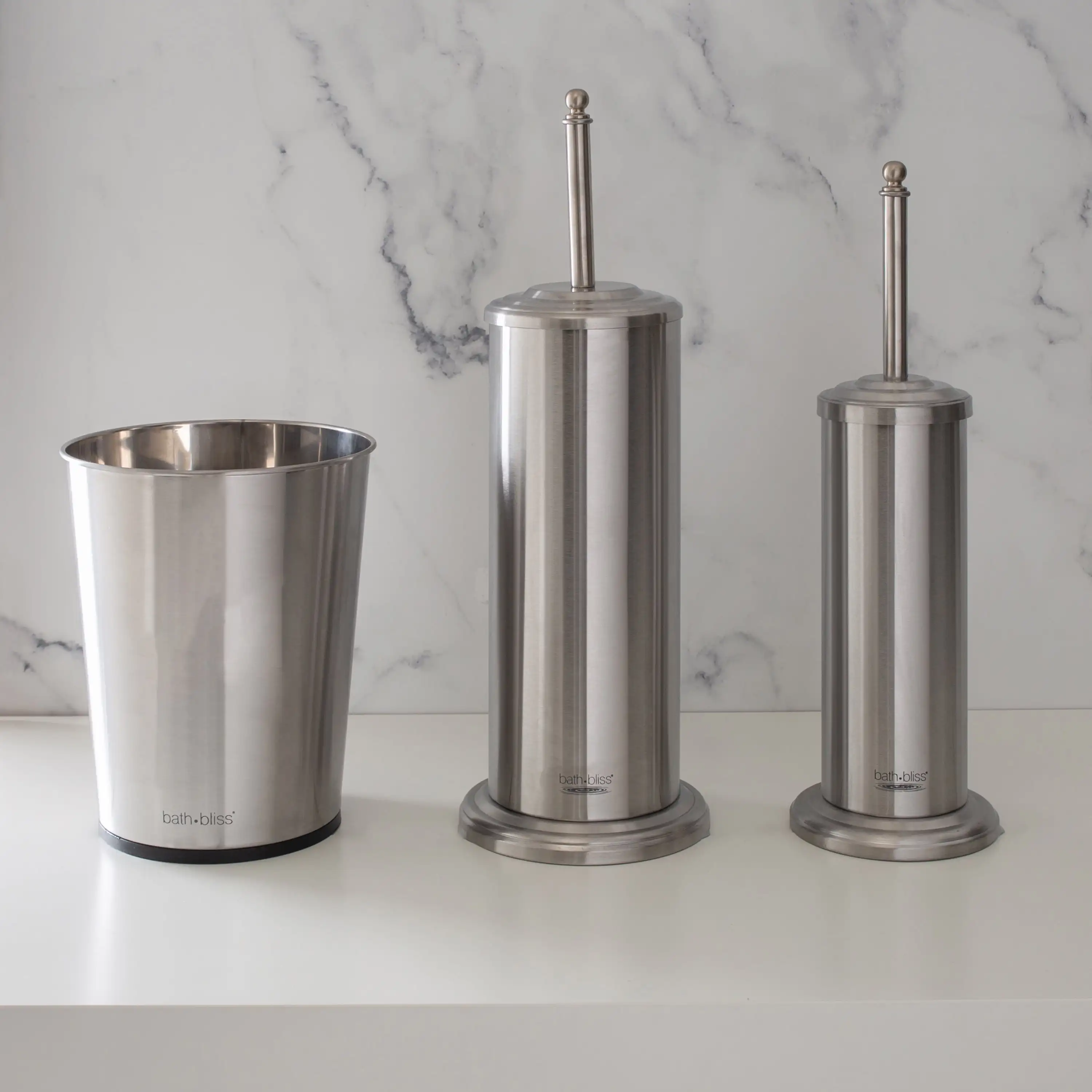 

Bath Bliss Stainless Steel Trash Can, Plunger, and Toilet Brush Iron Collection Set