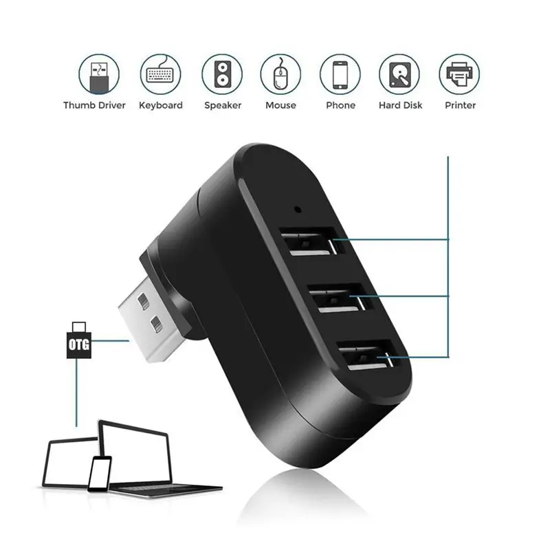 SWXF 3포트 USB 2.0 허브 USB 포트 분배기 USB 2.0 확장기 90 ° -180 ° 노트북 PC 태블릿 프린터 카메라용 각도 조절 가능