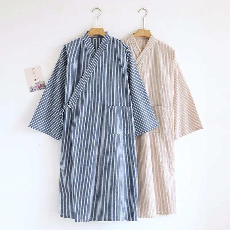 Spring Men's Pajamas Kimono Robes Cotton Lace Up Cardigan Striped Bathrobe Loose Large Size Summer Thin Sweat Steaming Bathrobes