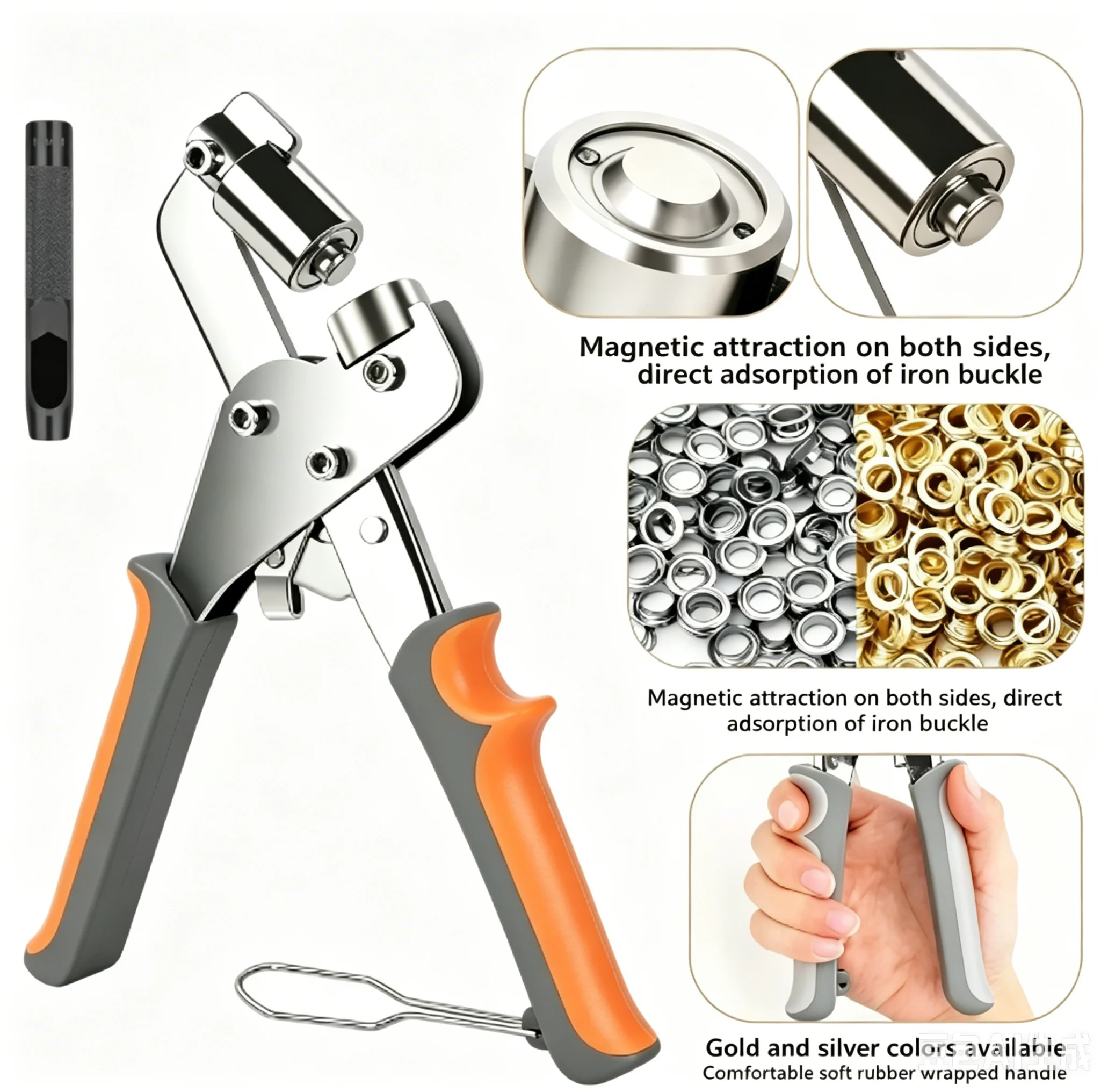 Portable Handheld Grommet Tool Kit with 10mm Silver Grommets and Manual Press Pliers