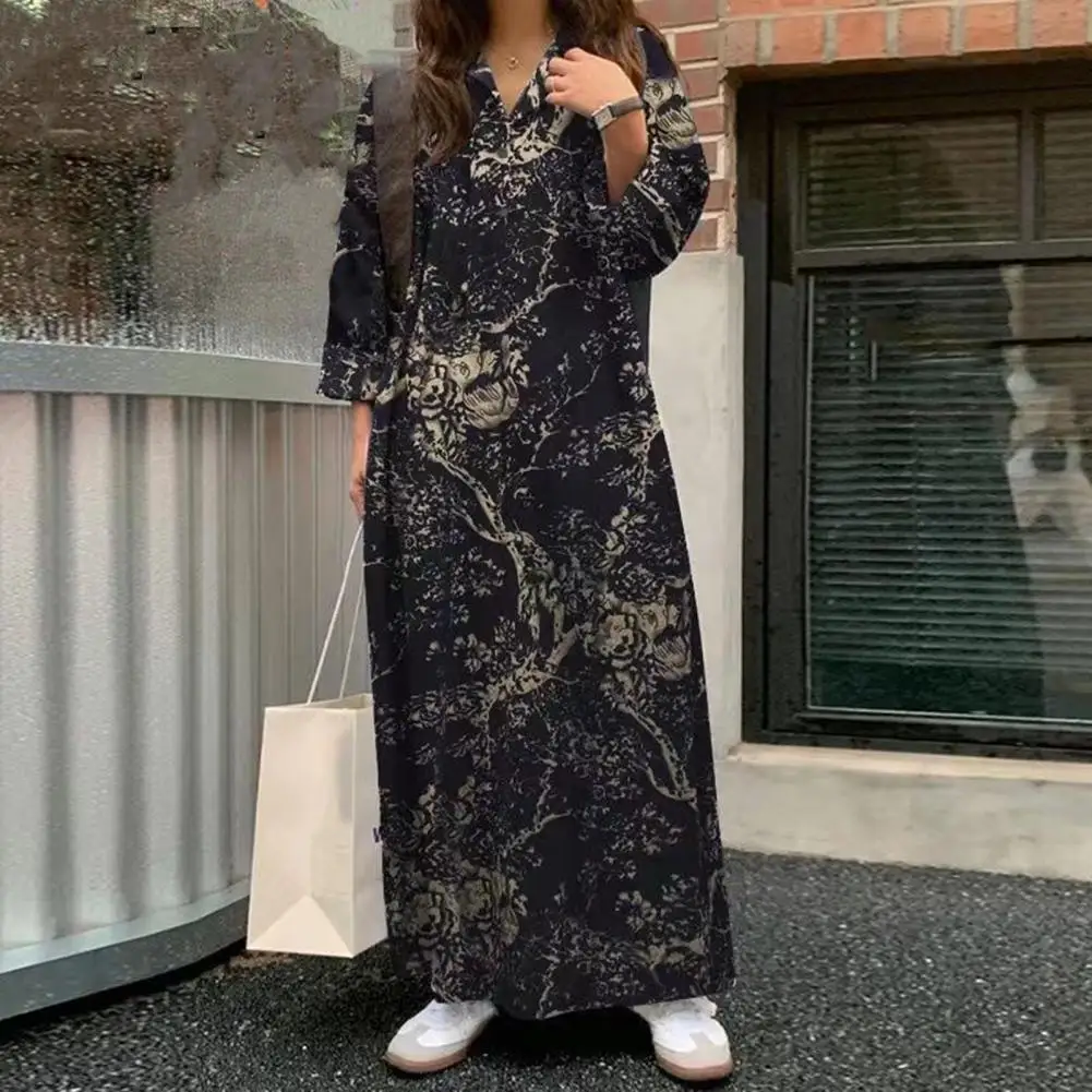 

Bohemian Floral Printed Maxi Dress Women 2023 Lapel V-neck Long Sleeve Shirt Dress Spring Casual Loose Robe Holiday Dress