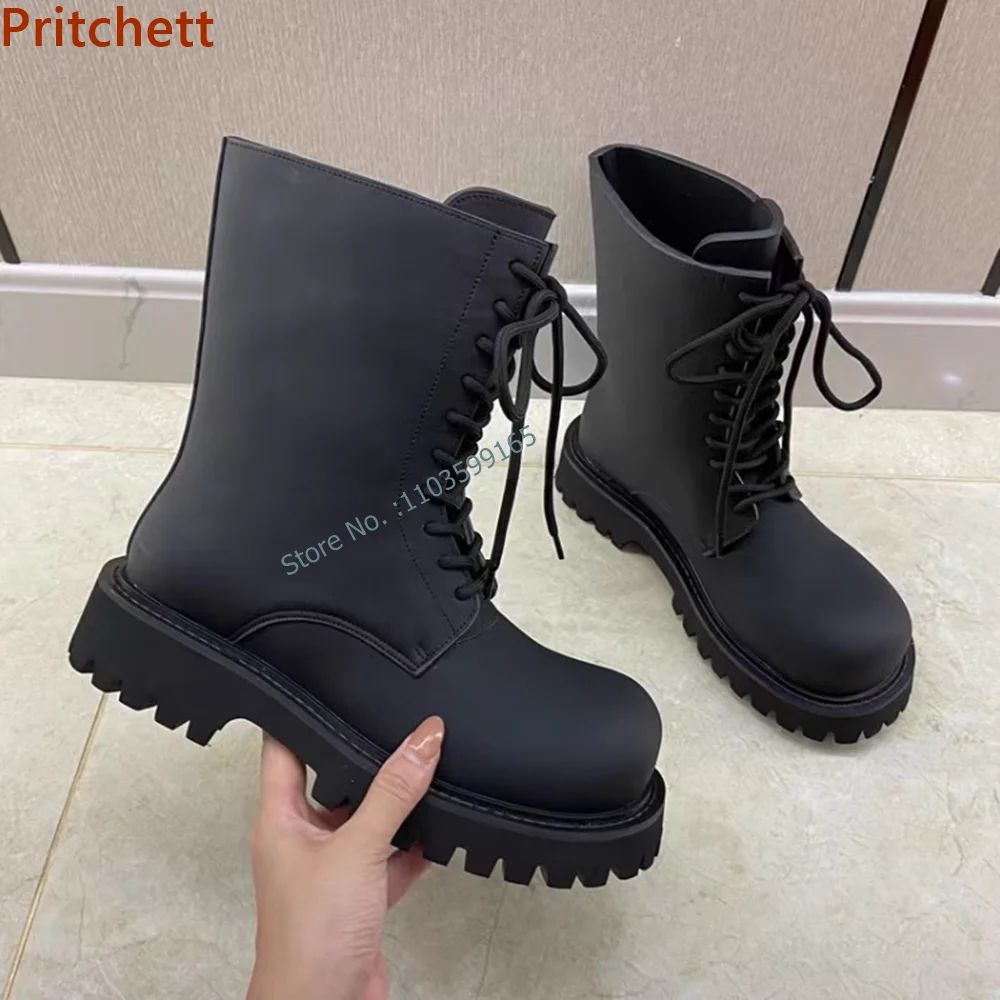 

Thick Soled Mid Calf Boots Round Toe Solid Black Platform Cross Lace Up Sewing Leisure Shoes Spring Concise Comfortable Shoes