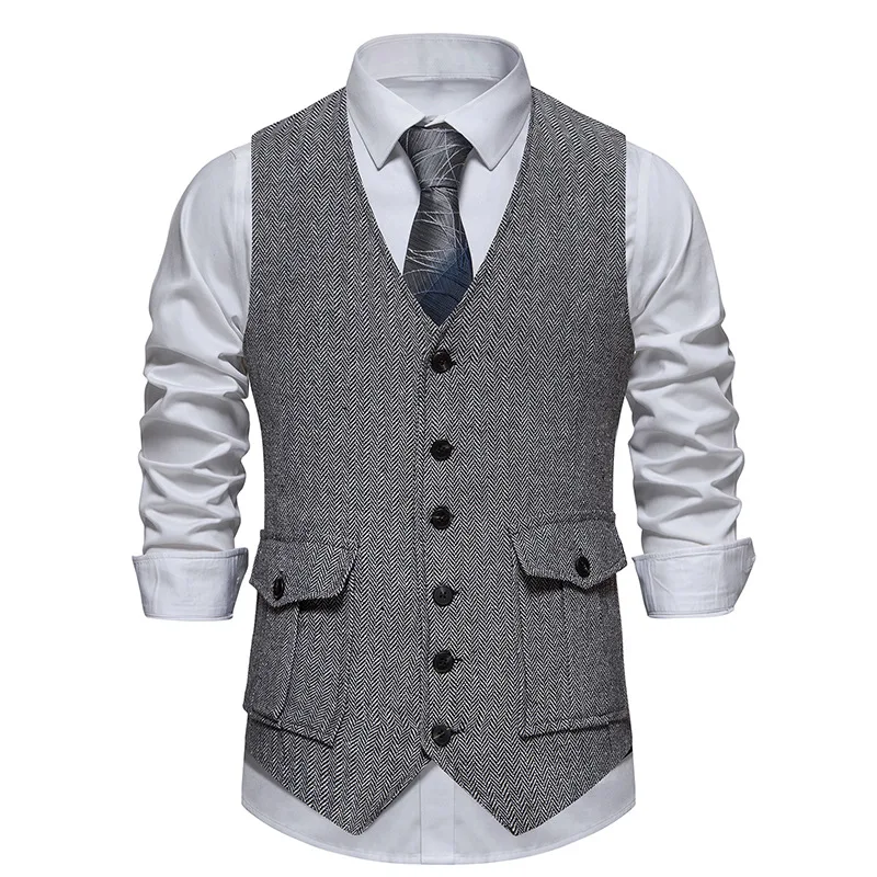 Mens Vintage Suit Vest V Neck Casual Wool Waistcoat for Wedding Groomsmen dress vests