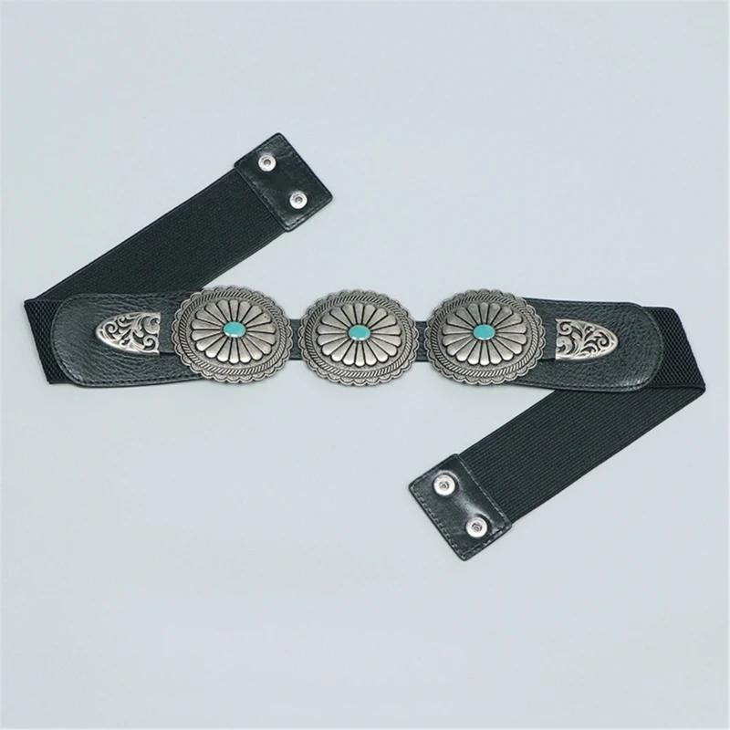 

Women Waist Corset Banquet Waist Belt with Carved Turquoise Buckle Elastic Size
