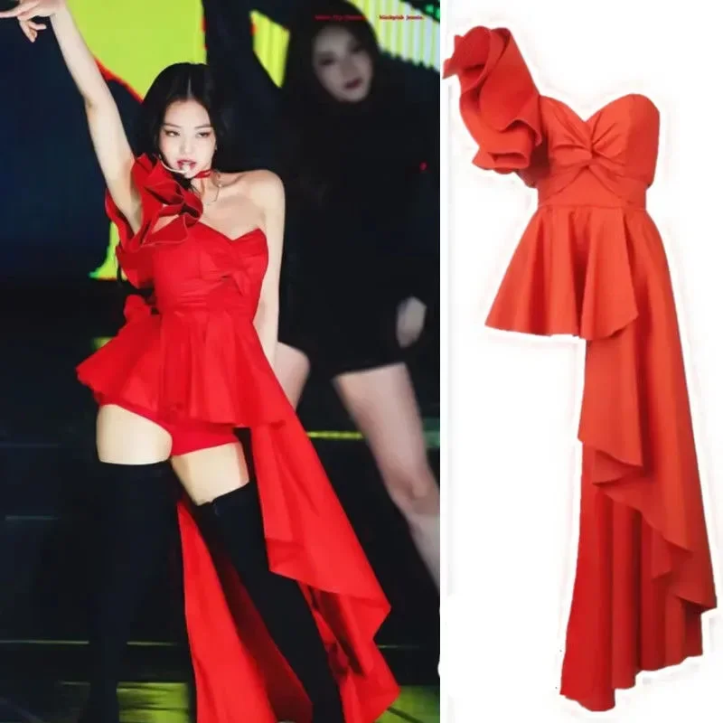 K-Pop Jennie Stage Outfit Donna Red Dress Concert Outfit Festival Abbigliamento Donna Secy Performance Costume Dropshipping
