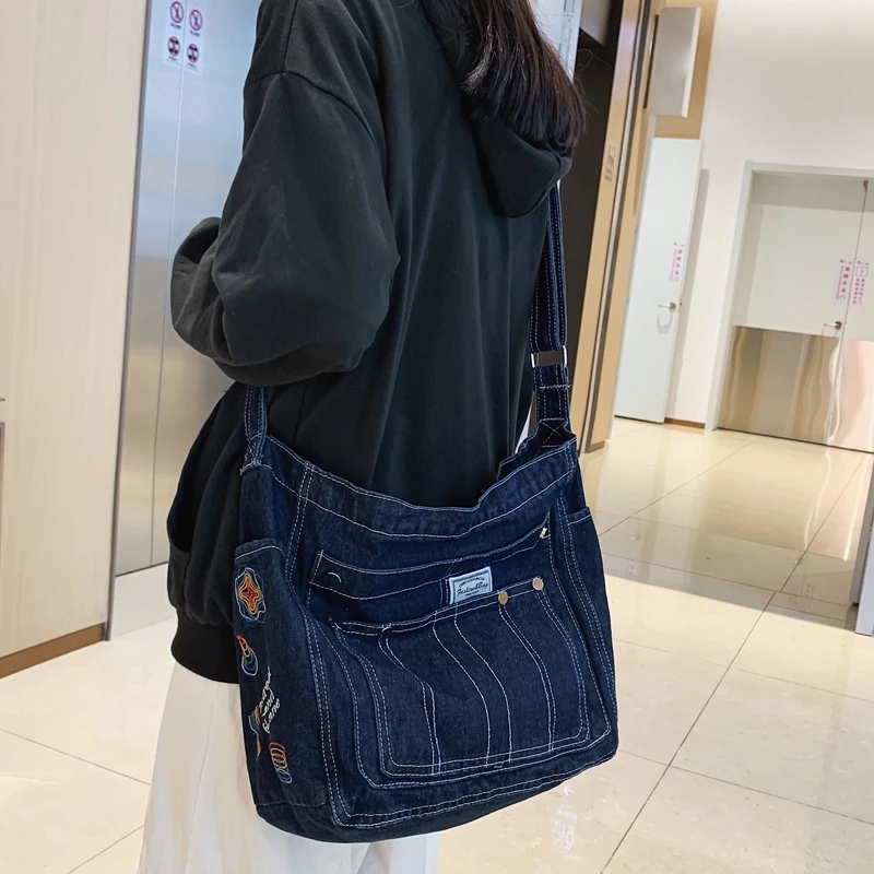 ●zooisoo choice●Denim Chain Big Shoulder Bag◆韓国大流行 Denim Bags For Women Large Shoulder Bag With Zipper Jeans