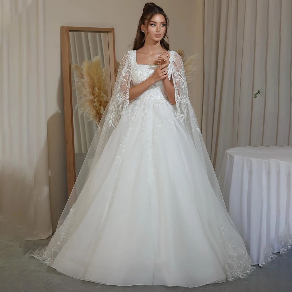 Wedding Dresses Square Collar Long Floating Sleeve Brides Dress Appliqu Sequined | eBay Wedding Dresses Square Collar Long Floating Sleeve Brides Dress Appliqu Sequined | eBay