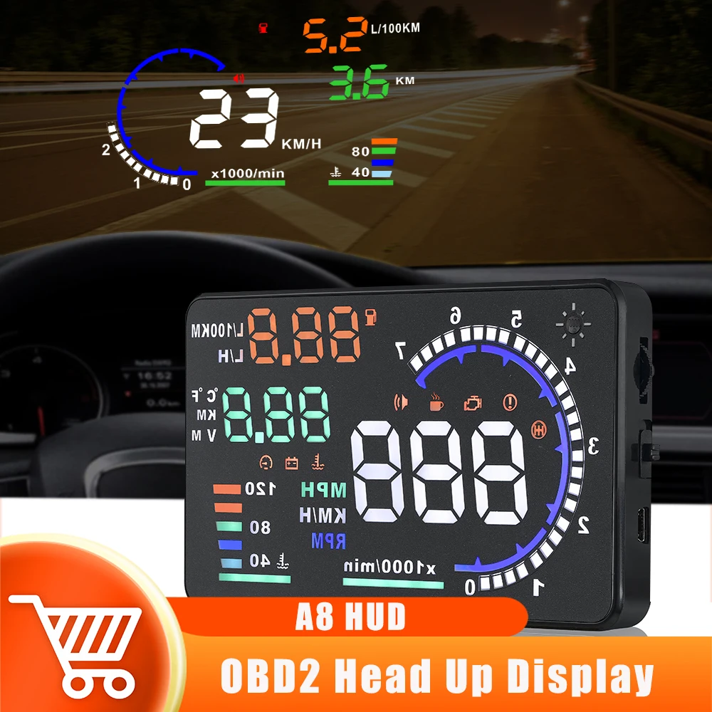 자동차 헤드업 디스플레이 디지털 OBD2 HUD 속도계 LED 앞유리 프로젝터, 전압 수온 속도 연료 알람, A8 신제품