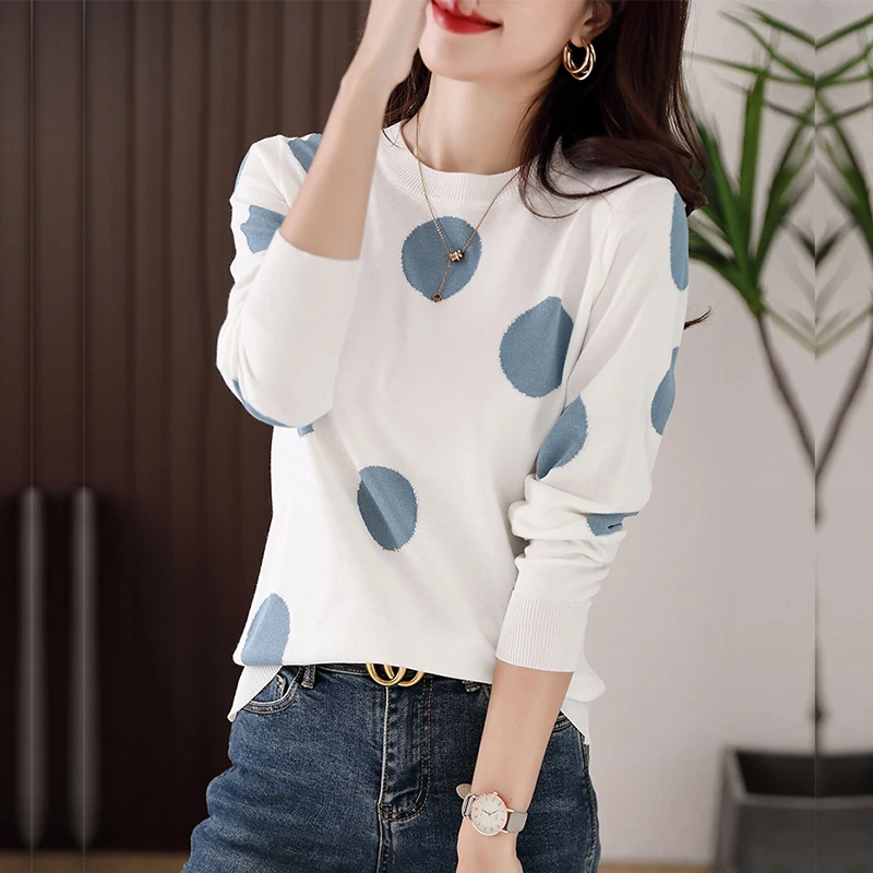 

2022 New Women's Fashion Casual Knitwear Polka Dot Long Sleeve High Quality Round Neck Knit T-Shirt Elastic Streetwear