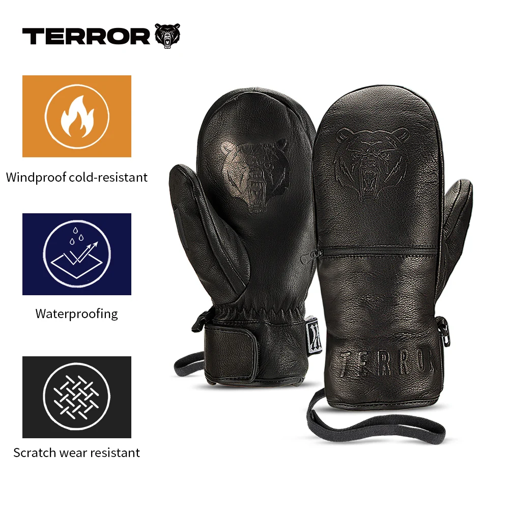 TERROR LEATHER MITTEN pure goat leather Ski gloves Mitten-3M Thermolite Warm -30&deg; cold resistance Five inner fingers Waterproof