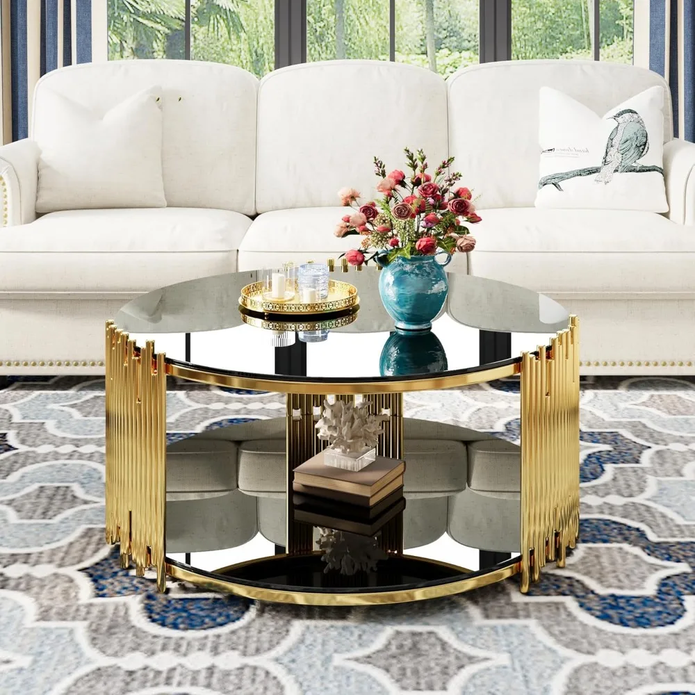 36" Modern Round Coffee Table,  Luxury Black Gold Glass Coffee Table 3