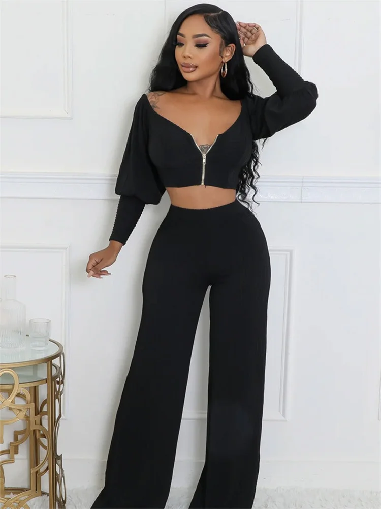 Wmstar Two Piece Set Women Pants Sets Casual Crop Top Loose Zipper Long Sleeve Autumn Outfit New Style Wholesale Dropshipping