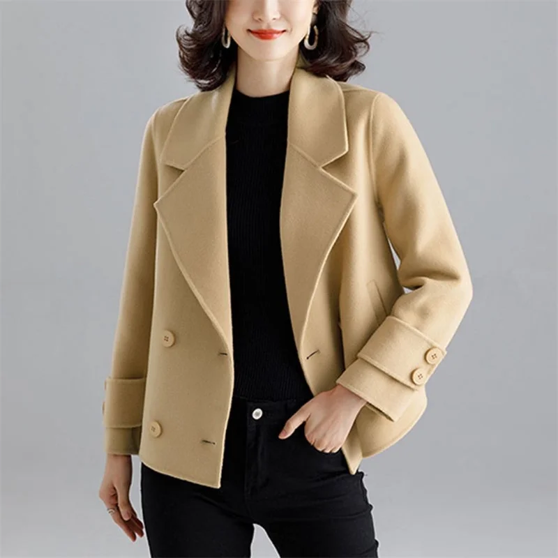 Casaco curto de lã feminino, jaqueta de