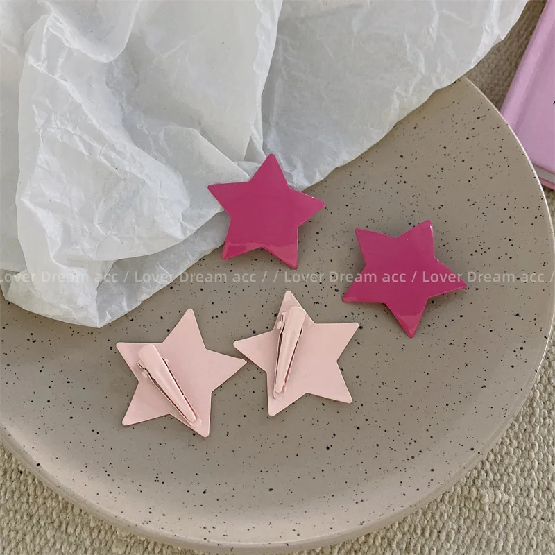 2pcs Silver-gray Pink Five-pointed Star Duck Bill Clip Sweet Cute Side Bangs Hairpin Headwear Girls Kids Women Hair Accessories