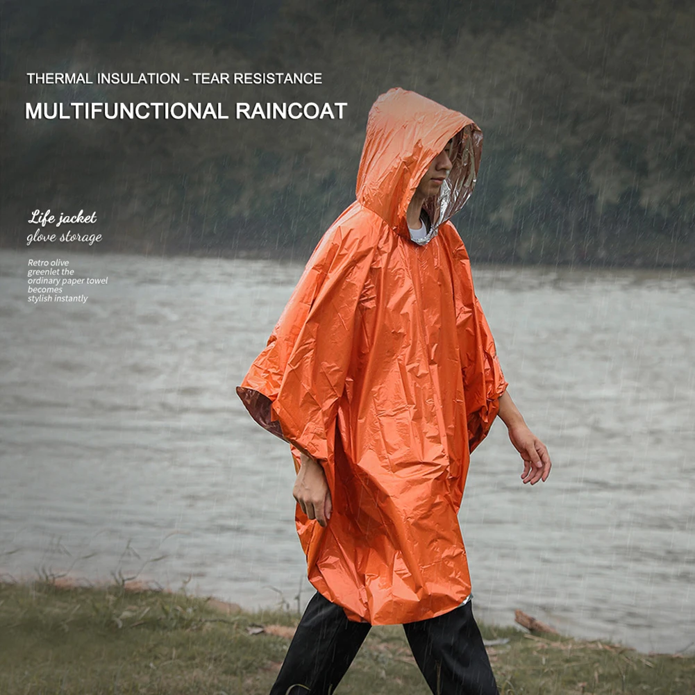 Orange Waterproof Hooded Rain Poncho Raincoat for Outdoor Hiking Bike
