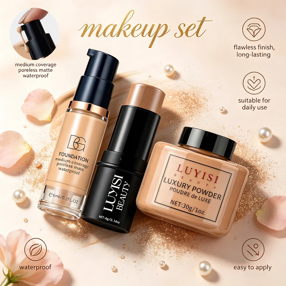 Set di trucco per il viso: 1 fondotinta + 1 stick per il contouring + 1 polvere fissante, copertura completa, impermeabile e resistente al sudore, cosmetici delicati. - immagine 5