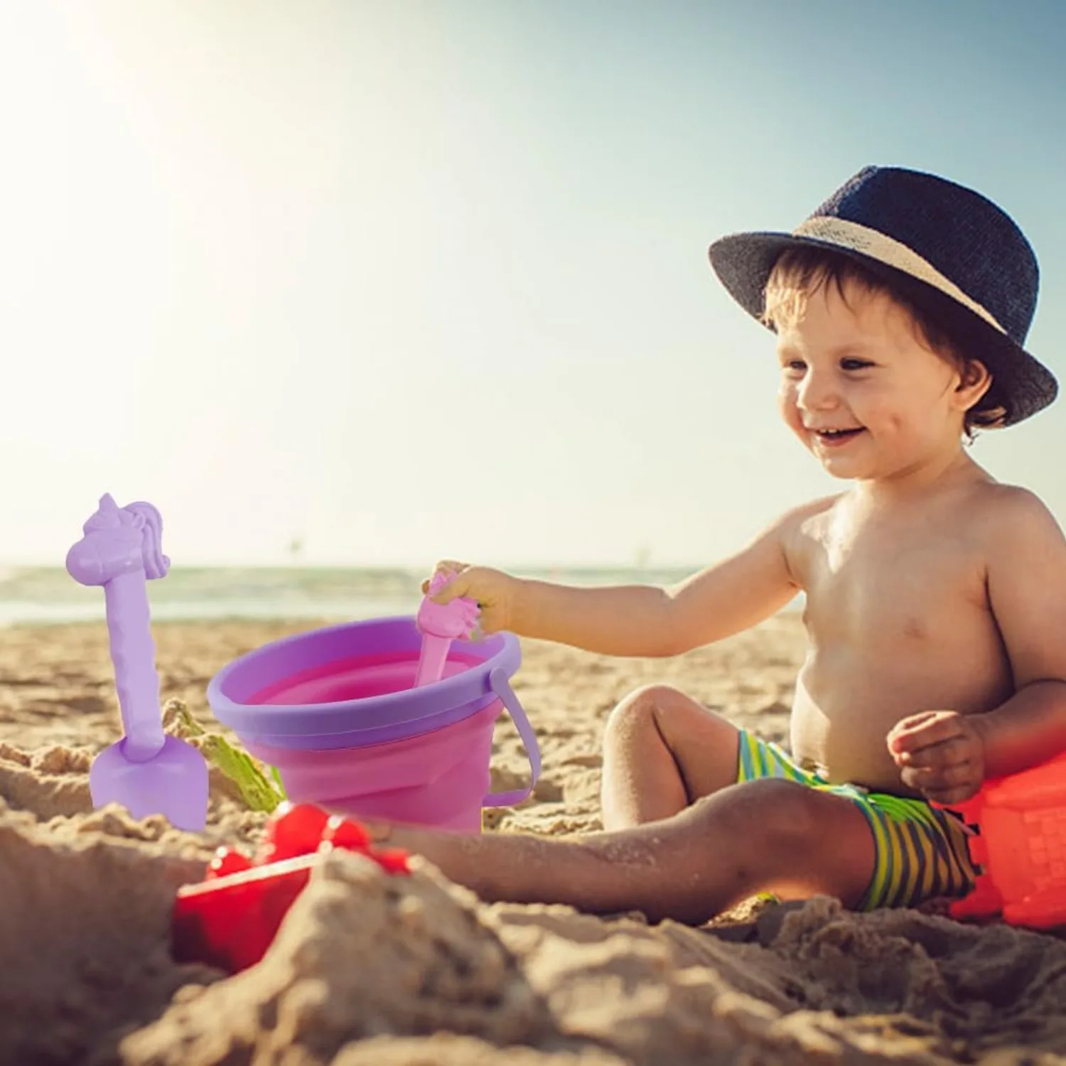 Foldable Bucket Beach Shovel Sandbox Toys Cute Unicorn Dinosaur Toys for Kids Travel Collapsible Bucket Sand Tool Kits for Girls 6