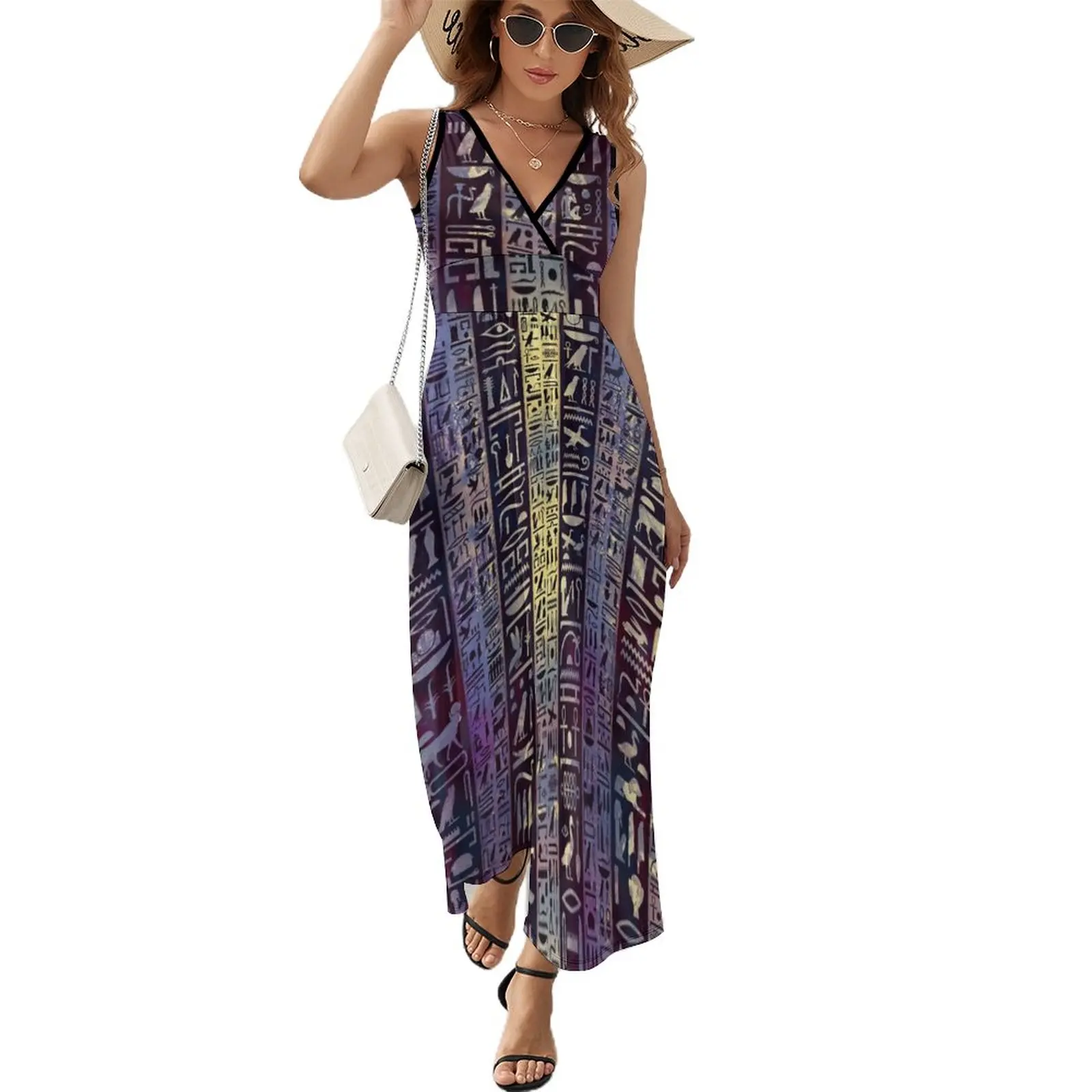Egyptian hieroglyphs on purple violet painted texture Sleeveless Dress women evening dress