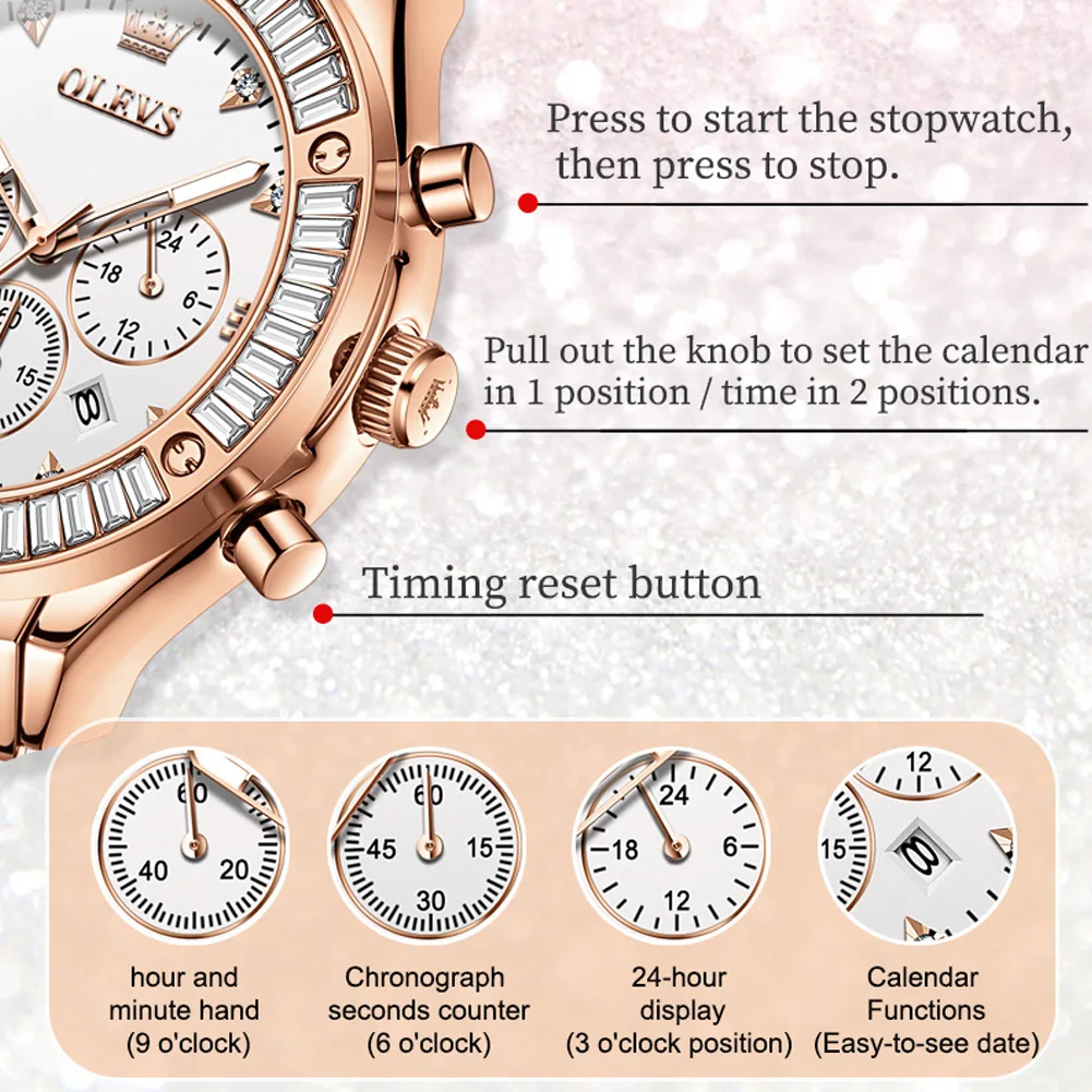OLEVS-Relógios de pulso multifuncionais de quartzo feminino, pulseira de couro, cronógrafo, resistência à água, ponteiros luminosos, senhoras, moda