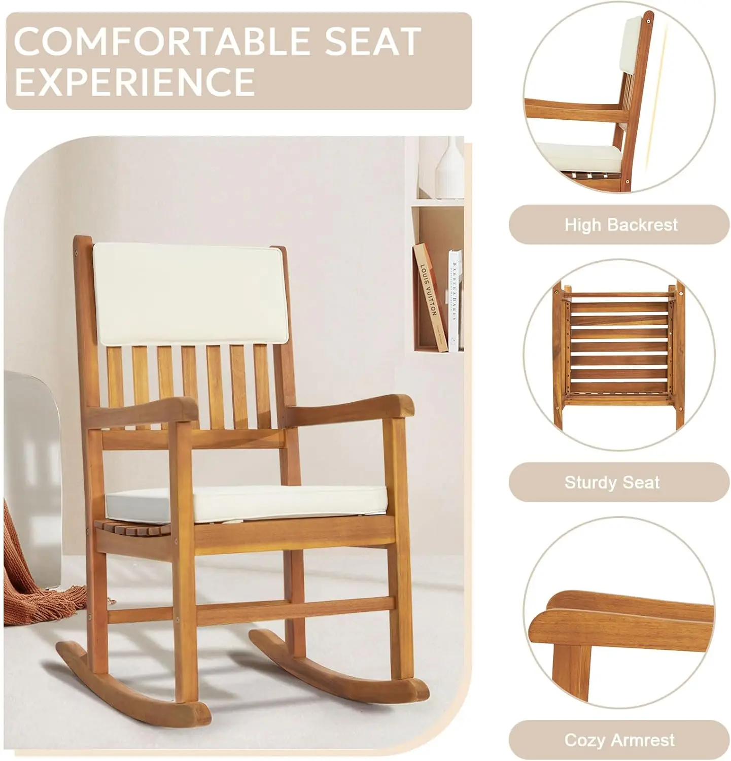 Outdoor Rocking Chair with Cushions, Wooden Rocker Support 550 LBS for Indoors & Outdoors, 1 Pack