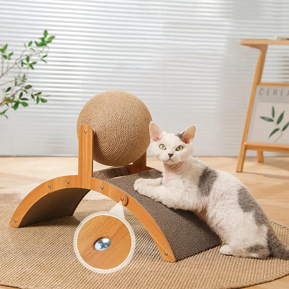 Rascador de madera para gatos 2 en 1, tabla de rascar resistente al desgaste, pata de molienda, Bola de cuerda de Sisal de madera maciza, muebles para mascotas 4